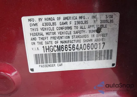 2004 Honda Accord 3.0 Ex from USA, damaged, VIN 1HGCM66564A060017
